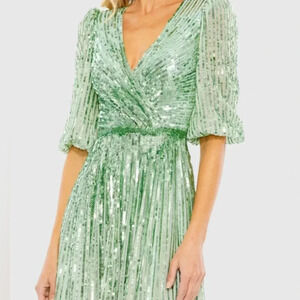 Mac Duggal 5509 | Sequin Wrap Over | 3/4 Sleeve | Sage | Women’s Size 12